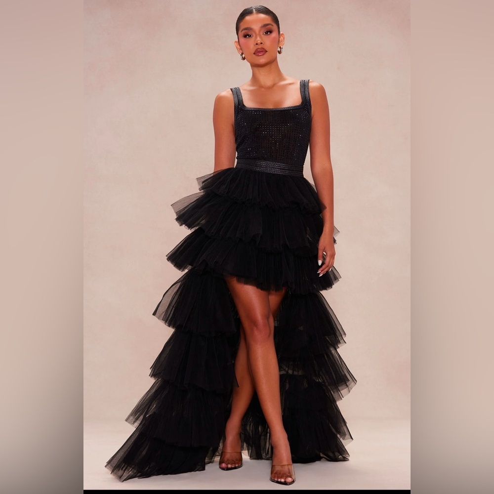 Black Tiered Ruffled High-Low Gown